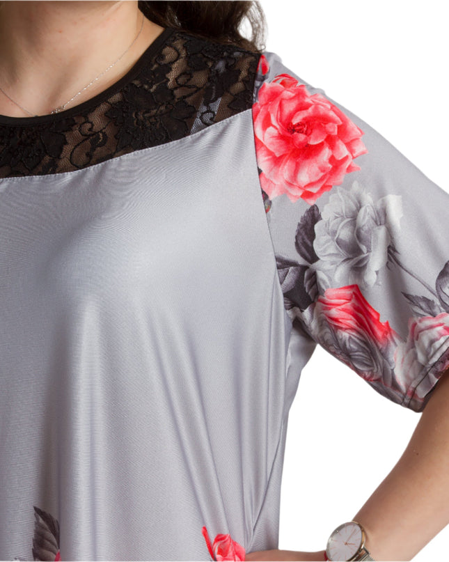 Γκρι Κομψή Τουνίκ με Φλοράλ  και Δαντέλα