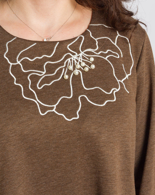 Καφέ άνετη τουνίκ με φλοράλ κέντημα και πέρλες