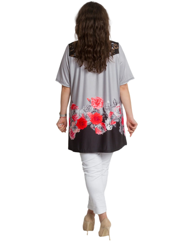 Γκρι Κομψή Τουνίκ με Φλοράλ  και Δαντέλα