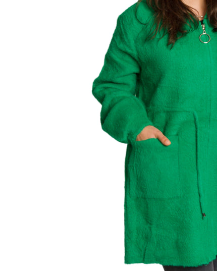 Μακρυά πράσινη παλτοζακέτα με κουκούλα και τσέπες