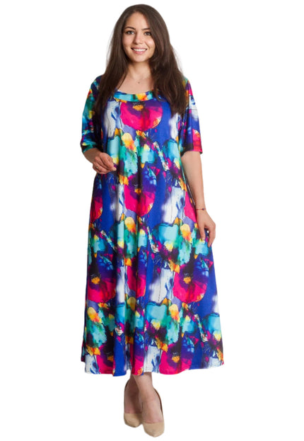 Πολύχρωμο μακρύ φόρεμα με στρογγυλή λαιμόκοψη