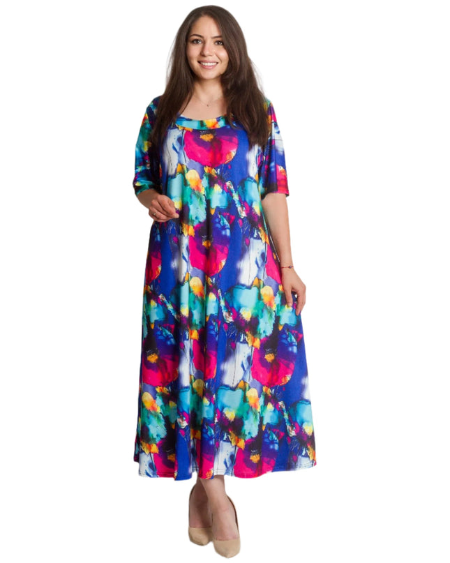 Πολύχρωμο μακρύ φόρεμα με στρογγυλή λαιμόκοψη