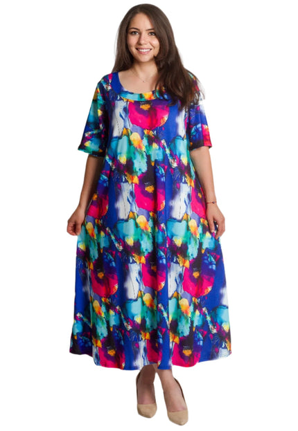 Πολύχρωμο μακρύ φόρεμα με στρογγυλή λαιμόκοψη