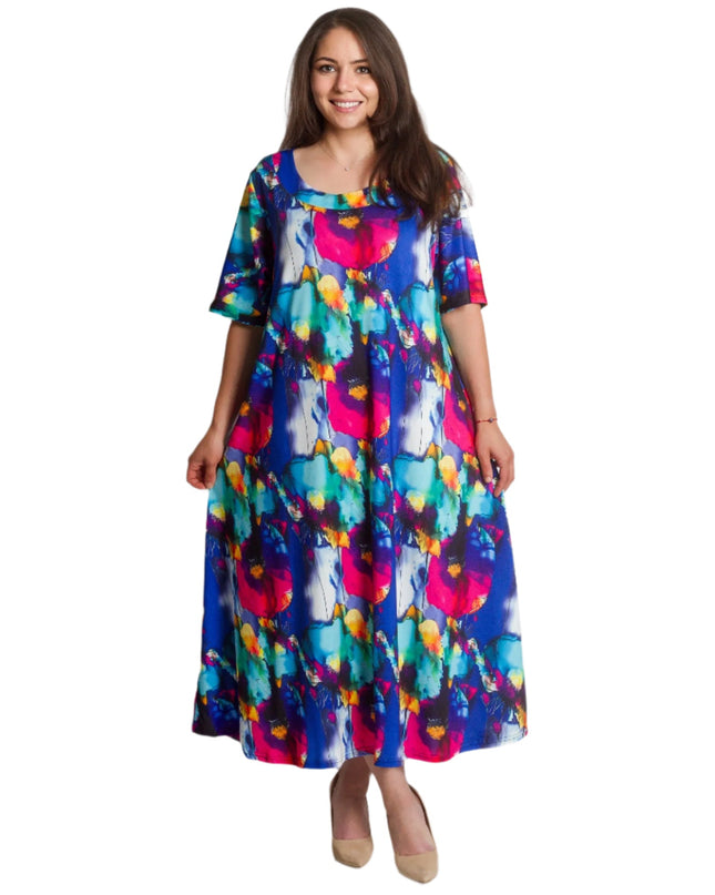 Πολύχρωμο μακρύ φόρεμα με στρογγυλή λαιμόκοψη