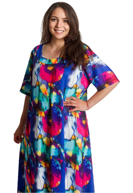 Πολύχρωμο μακρύ φόρεμα με στρογγυλή λαιμόκοψη