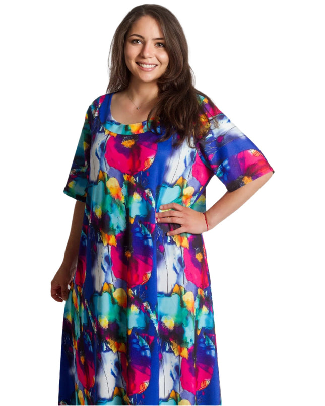 Πολύχρωμο μακρύ φόρεμα με στρογγυλή λαιμόκοψη