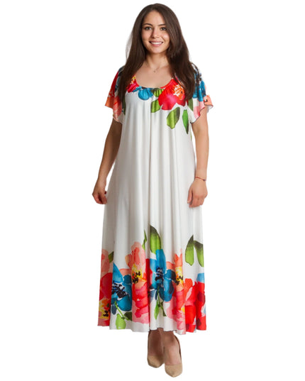 Λευκό φόρεμα με χρωματιστό τελείωμα και λαιμόκοψη