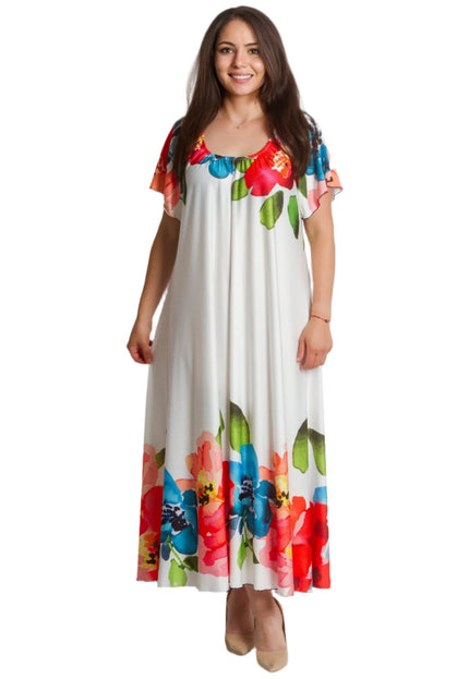 Λευκό φόρεμα με χρωματιστό τελείωμα και λαιμόκοψη