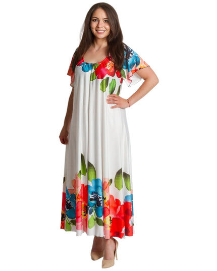 Λευκό φόρεμα με χρωματιστό τελείωμα και λαιμόκοψη