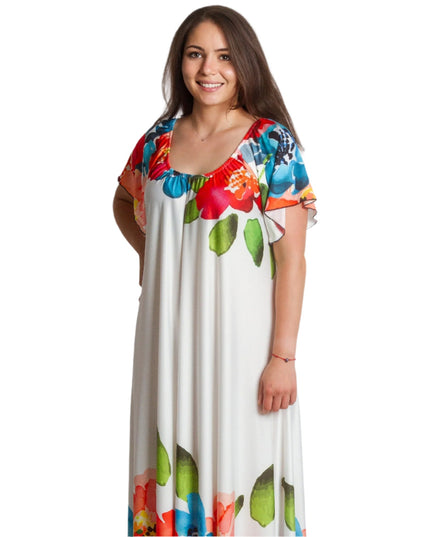 Λευκό φόρεμα με χρωματιστό τελείωμα και λαιμόκοψη