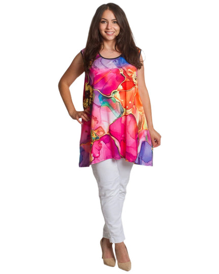 Πολύχρωμο τοπ με άνετη γραμμή και στρογγυλή λαιμόκοψη