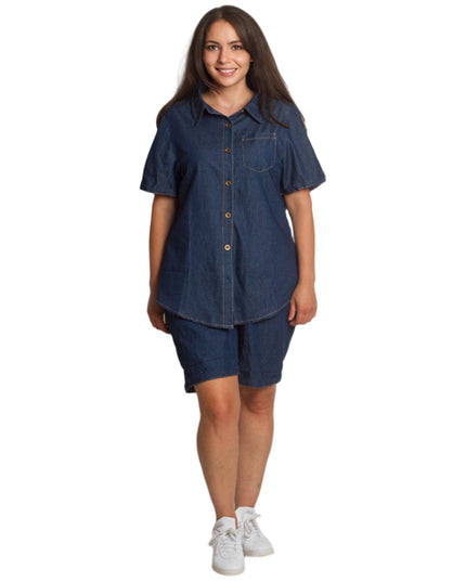 Τζιν πουκάμισο με κοντό μανίκι σε σκούρο μπλε