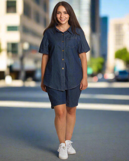 Τζιν πουκάμισο με κοντό μανίκι σε σκούρο μπλε