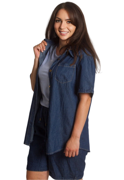 Τζιν πουκάμισο με κοντό μανίκι σε σκούρο μπλε