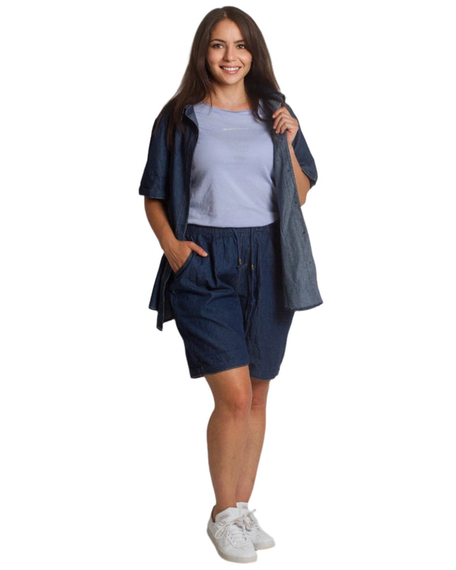 Τζιν πουκάμισο με κοντό μανίκι σε σκούρο μπλε