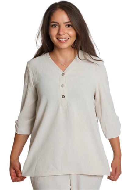 Μπεζ ελαφριά πουκαμίσα με V ντεκολτέ σε μεγάλα μεγέθη