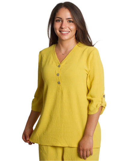 Κίτρινο πουκάμισο με V ντεκολτέ και διακοσμητικά κουμπιά