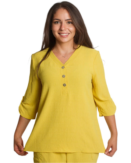 Κίτρινο πουκάμισο με V ντεκολτέ και διακοσμητικά κουμπιά