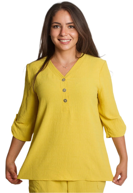 Κίτρινο πουκάμισο με V ντεκολτέ και διακοσμητικά κουμπιά