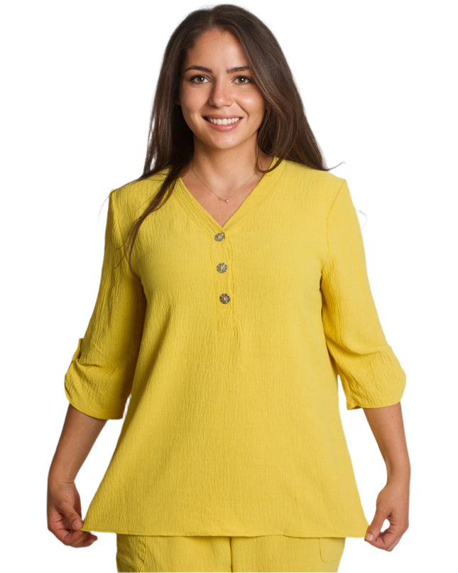 Κίτρινο πουκάμισο με V ντεκολτέ και διακοσμητικά κουμπιά