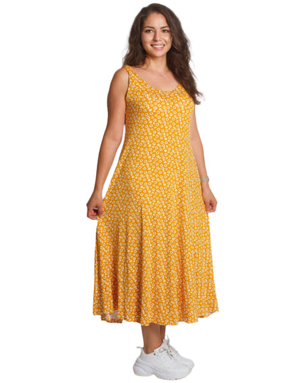 Κίτρινο μάξι φόρεμα με μικρά λευκά λουλούδια