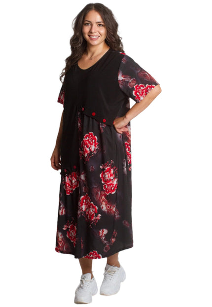 Μαύρο φόρεμα με κόκκινα λουλούδια και ασύμμετρο σχέδιο