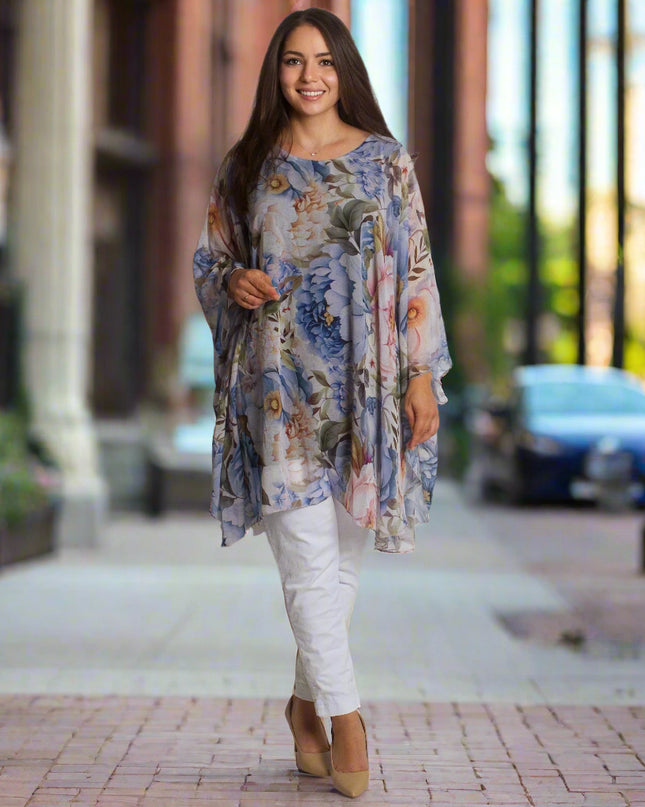 Επίσημη Σιφόν Τουνίκ με Λουλουδάτο Μοτίβο σε Μεγάλα Μεγέθη