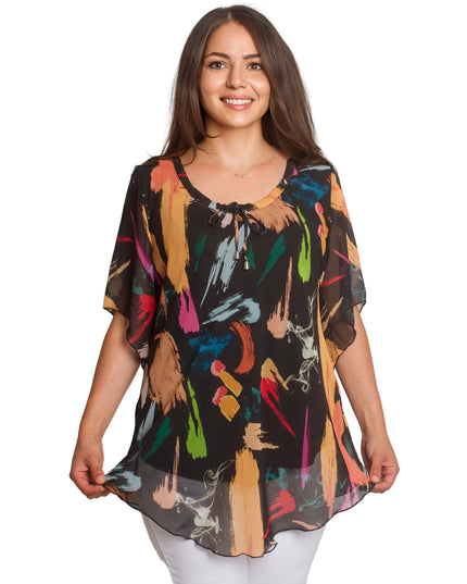 Μαύρη Σιφόν Τουνίκ plus size με Αφηρημένο Σχέδιο