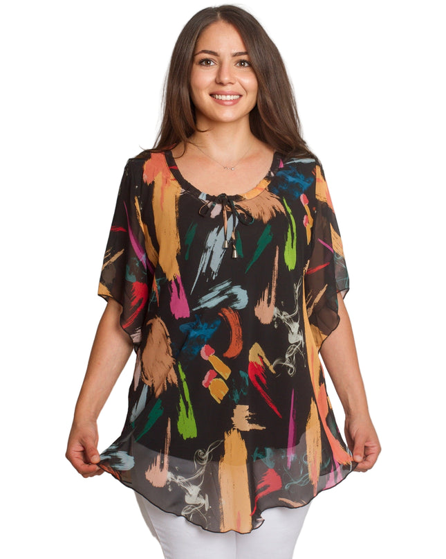 Μαύρη Σιφόν Τουνίκ plus size με Αφηρημένο Σχέδιο