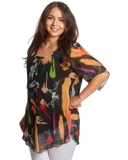 Μαύρη Σιφόν Τουνίκ plus size με Αφηρημένο Σχέδιο