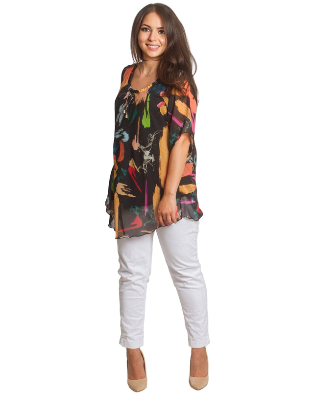 Μαύρη Σιφόν Τουνίκ plus size με Αφηρημένο Σχέδιο