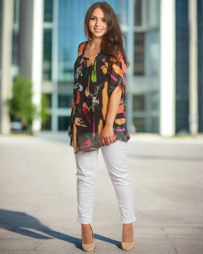 Μαύρη Σιφόν Τουνίκ plus size με Αφηρημένο Σχέδιο