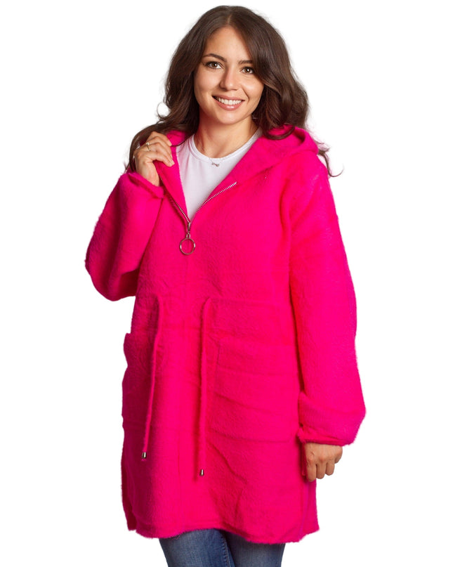 Μακρυά φούξια ζακέτα μεγάλων μεγεθών με κουκούλα