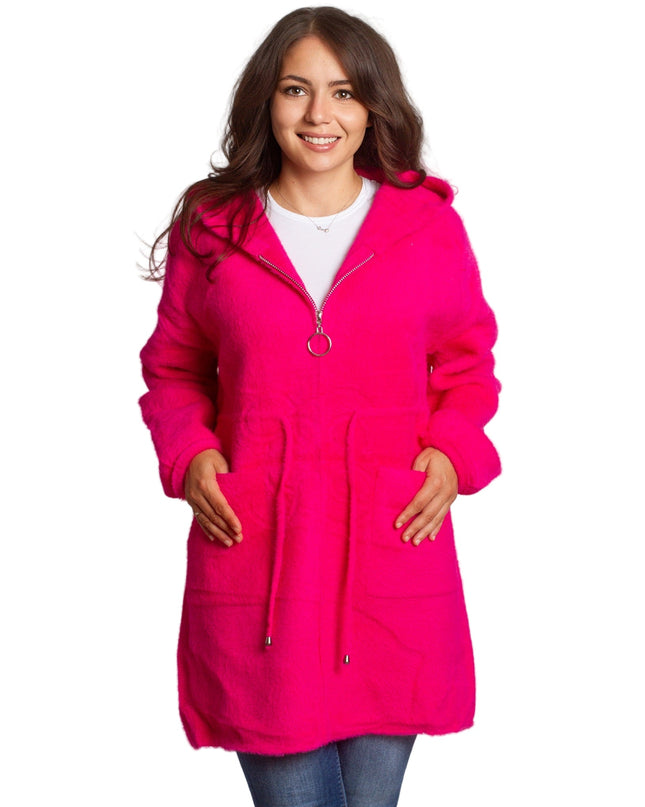 Μακρυά φούξια ζακέτα μεγάλων μεγεθών με κουκούλα