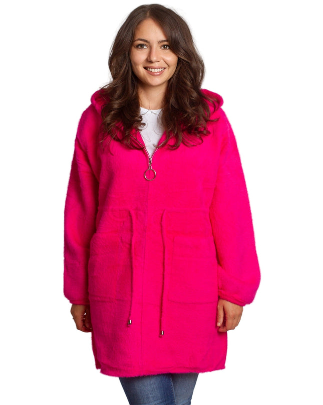 Μακρυά φούξια ζακέτα μεγάλων μεγεθών με κουκούλα