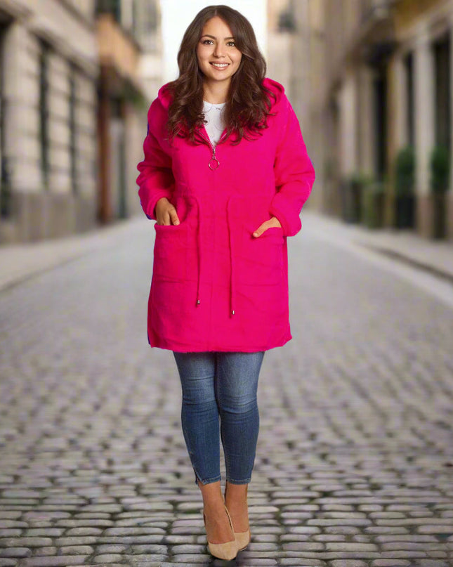 Μακρυά φούξια ζακέτα μεγάλων μεγεθών με κουκούλα