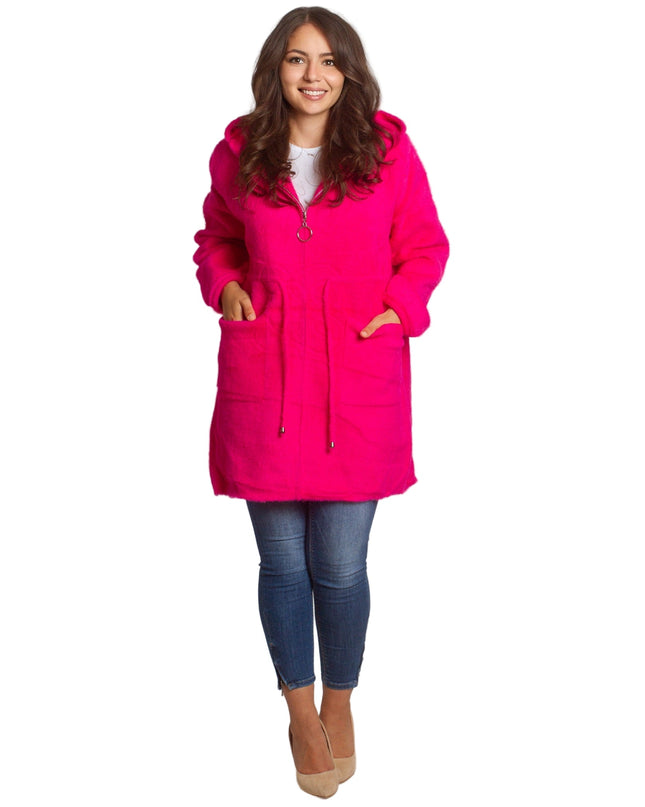 Μακρυά φούξια ζακέτα μεγάλων μεγεθών με κουκούλα