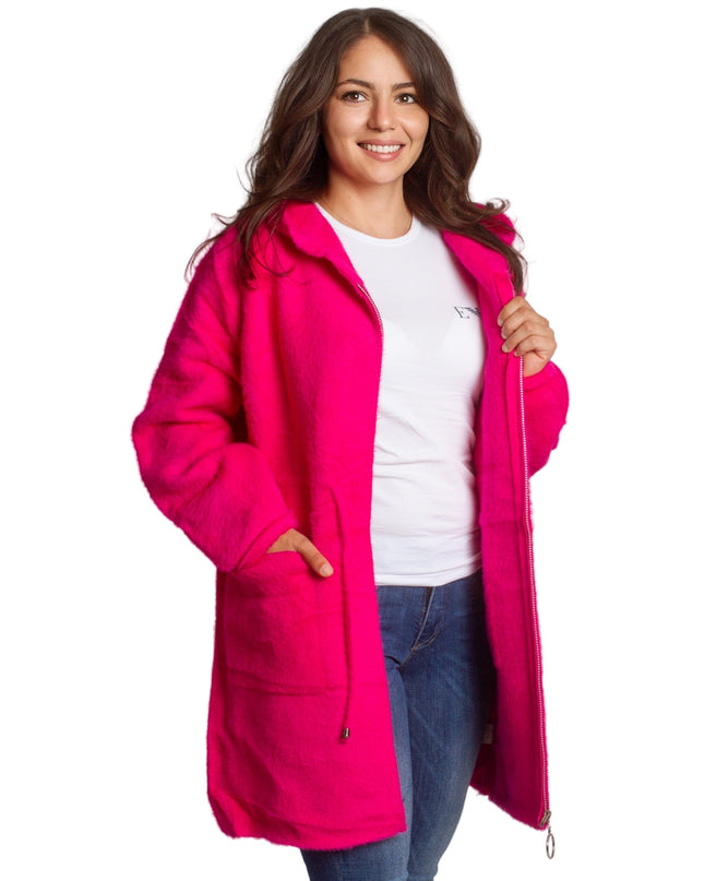 Μακρυά φούξια ζακέτα μεγάλων μεγεθών με κουκούλα