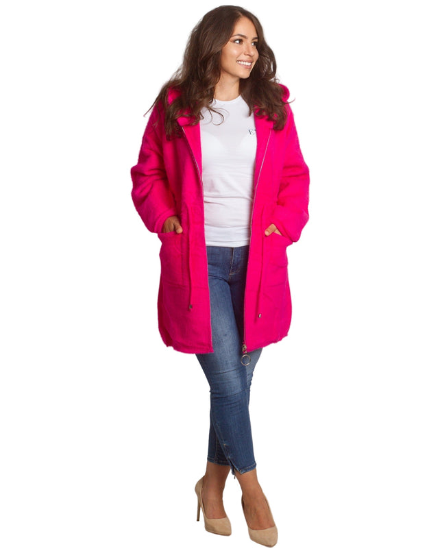 Μακρυά φούξια ζακέτα μεγάλων μεγεθών με κουκούλα