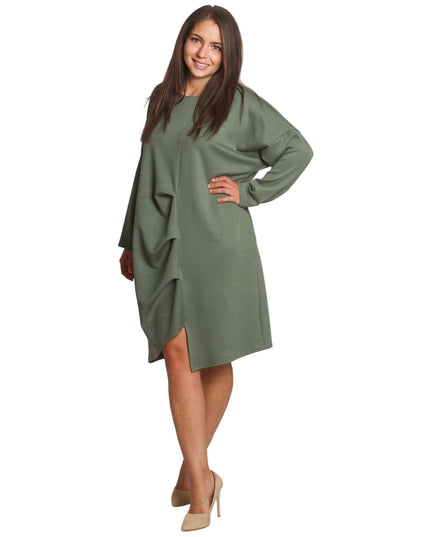 Χαλαρό πράσινο φόρεμα με τσέπες και ασύμμετρες πιέτες