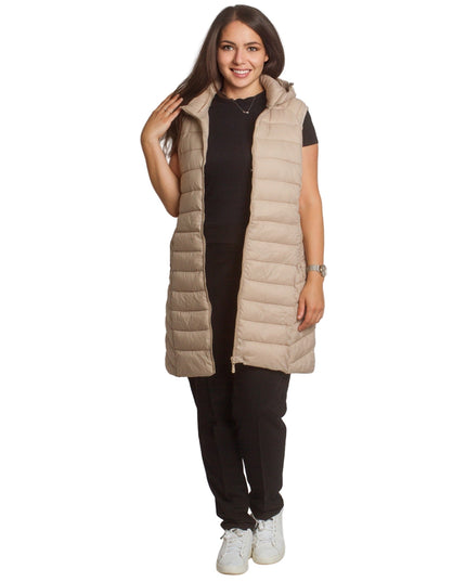 Μακρύ γιλέκο με κουκούλα και τσέπες σε μπεζ χρώμα