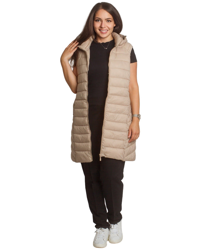 Μακρύ γιλέκο με κουκούλα και τσέπες σε μπεζ χρώμα