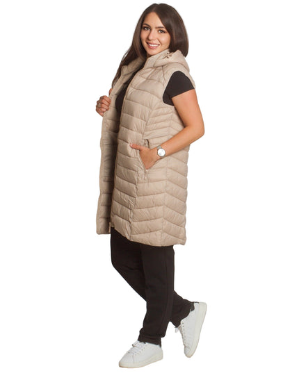 Μακρύ γιλέκο με κουκούλα και τσέπες σε μπεζ χρώμα