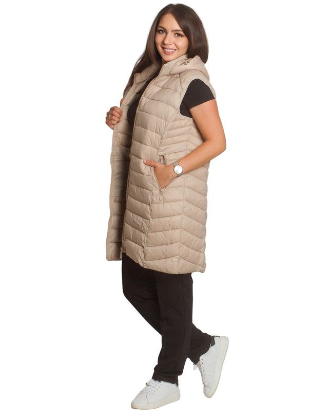 Μακρύ γιλέκο με κουκούλα και τσέπες σε μπεζ χρώμα