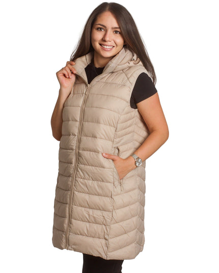 Μακρύ γιλέκο με κουκούλα και τσέπες σε μπεζ χρώμα