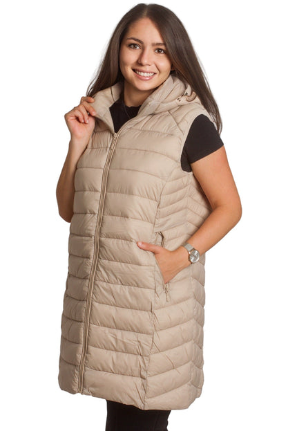 Μακρύ γιλέκο με κουκούλα και τσέπες σε μπεζ χρώμα