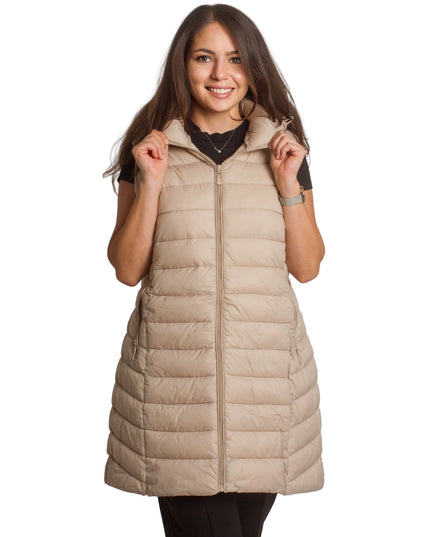 Μακρύ γιλέκο με κουκούλα και τσέπες σε μπεζ χρώμα