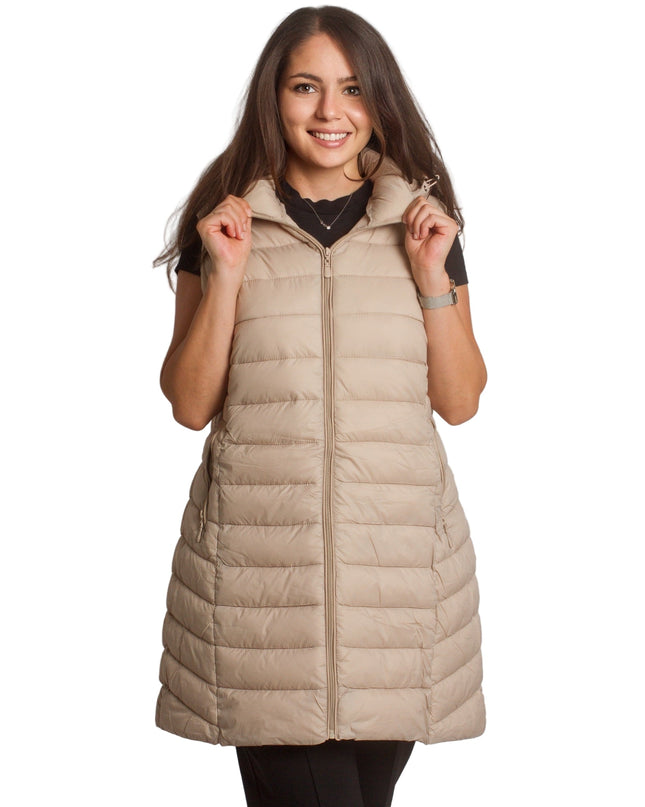 Μακρύ γιλέκο με κουκούλα και τσέπες σε μπεζ χρώμα