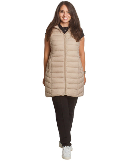 Μακρύ γιλέκο με κουκούλα και τσέπες σε μπεζ χρώμα