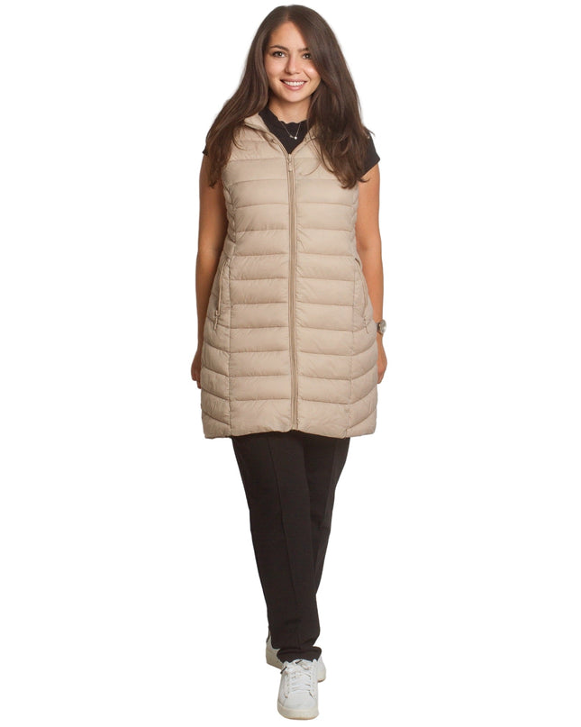 Μακρύ γιλέκο με κουκούλα και τσέπες σε μπεζ χρώμα